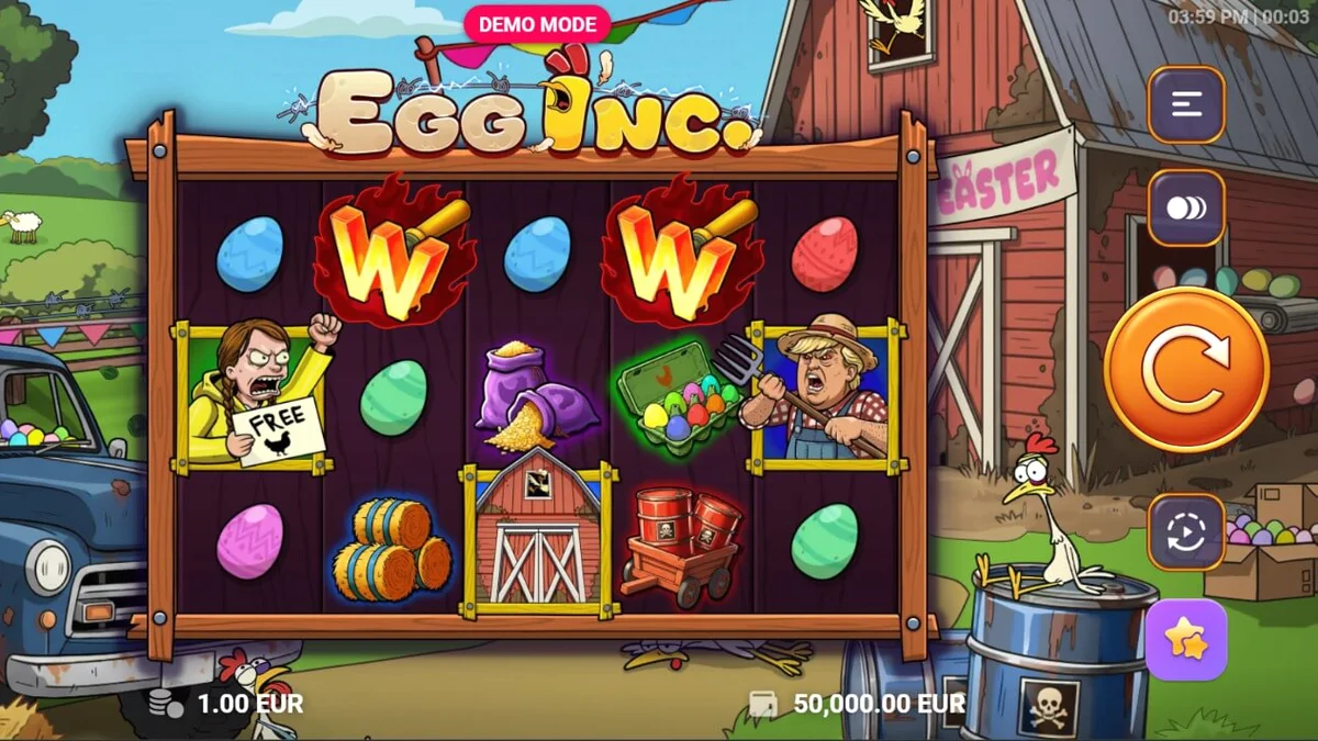 Tampilan visual slot Egg Inc. dengan tema peternakan kartun yang penuh aksi.