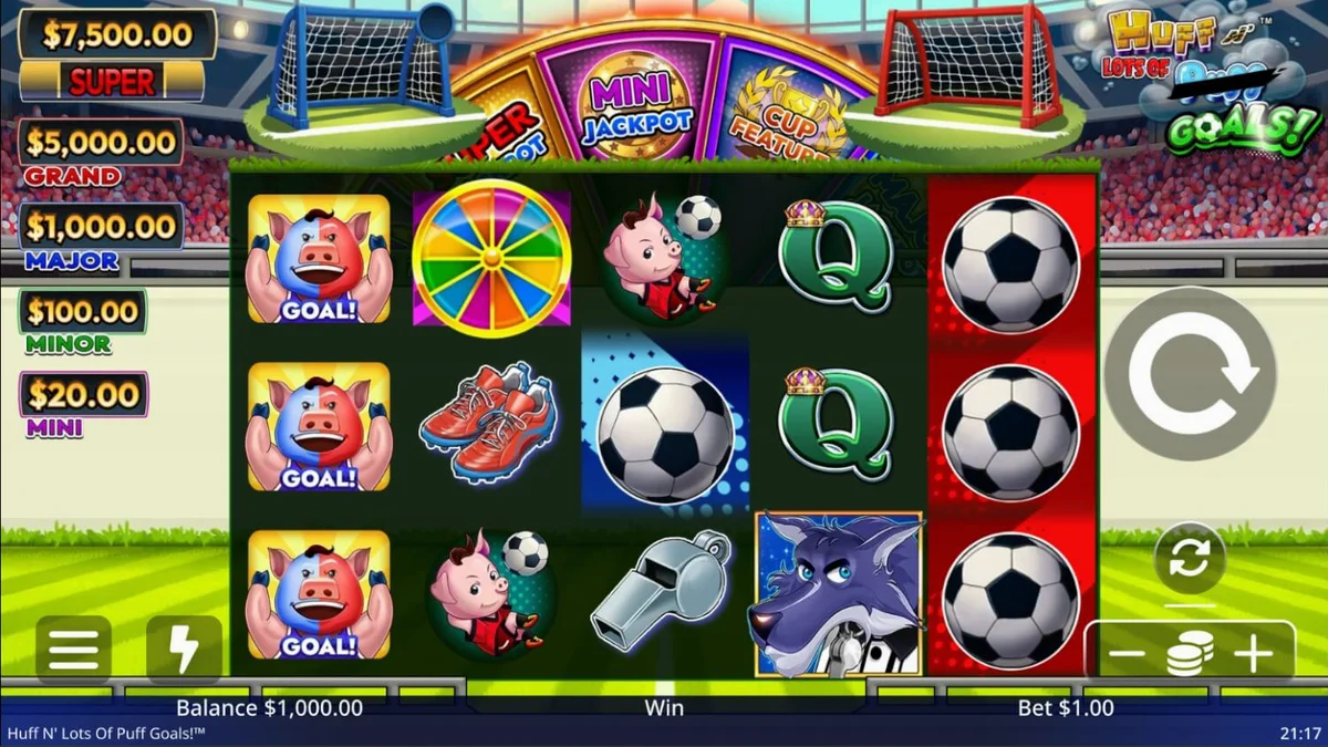 Tampilan visual slot Huff N' Lots of Goals dengan tema sepak bola dan karakter babi