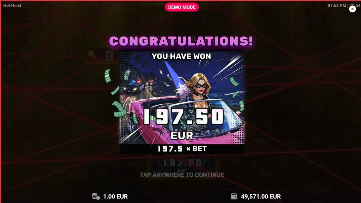 Tampilan visual neon dan simbol peralatan perampokan dalam slot Hot Heist